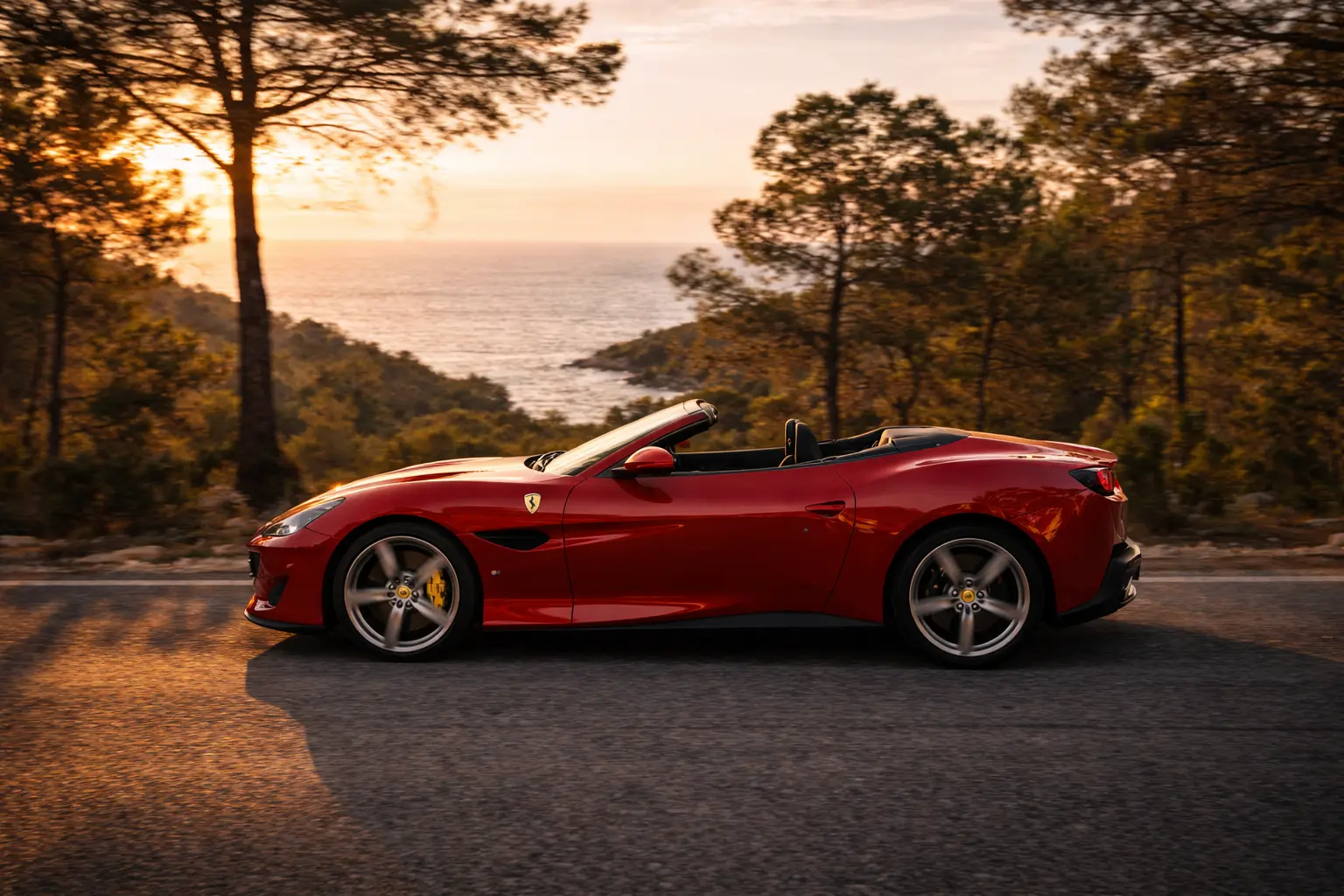 Ferrari Portofino Rental Ibiza — Best for Driving Ferrari Portofino rental Ibiza — mountain road north of the island golden hour