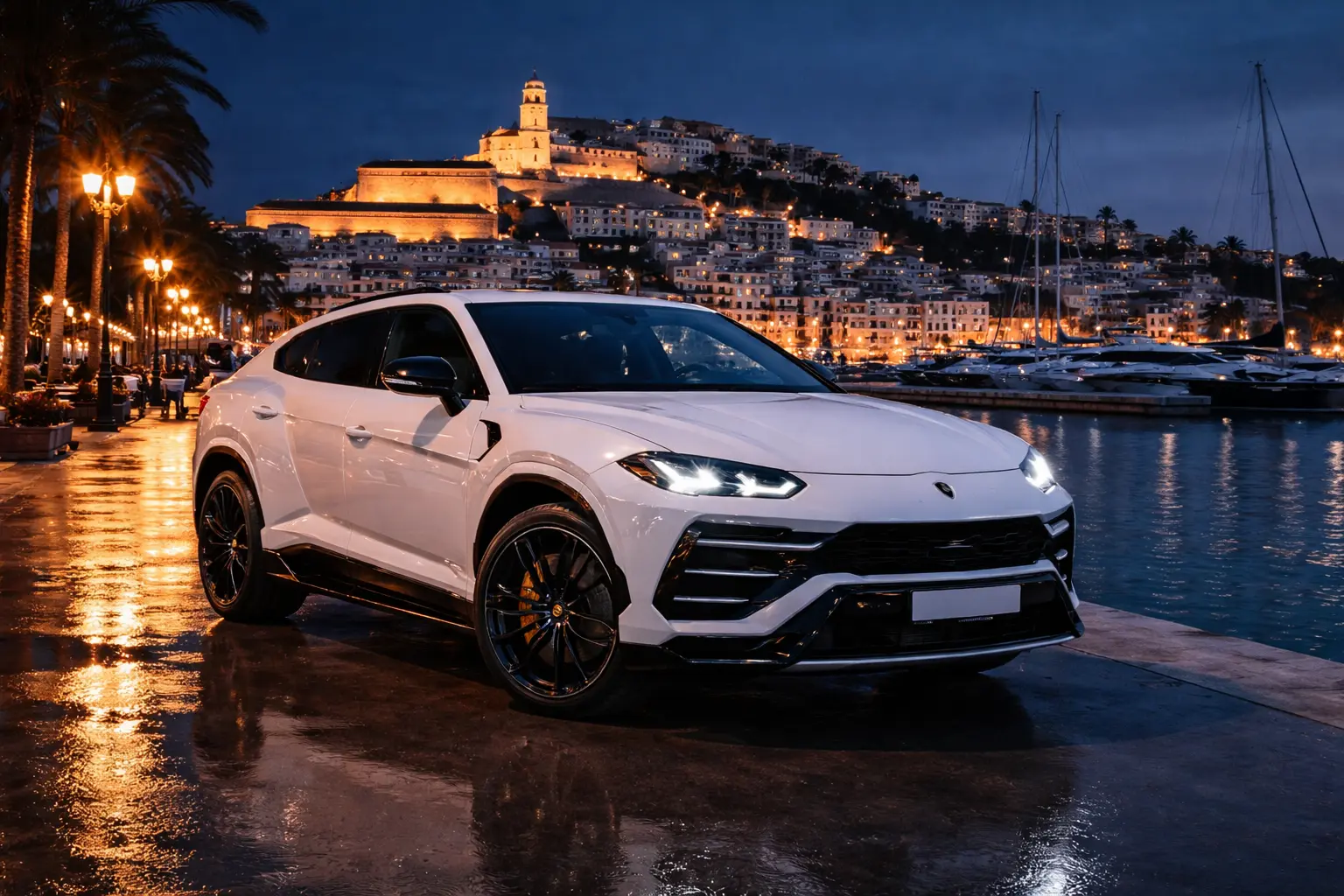 Le migliori strade di Ibiza - auto di lusso al porto di Ibiza città marina golden hour