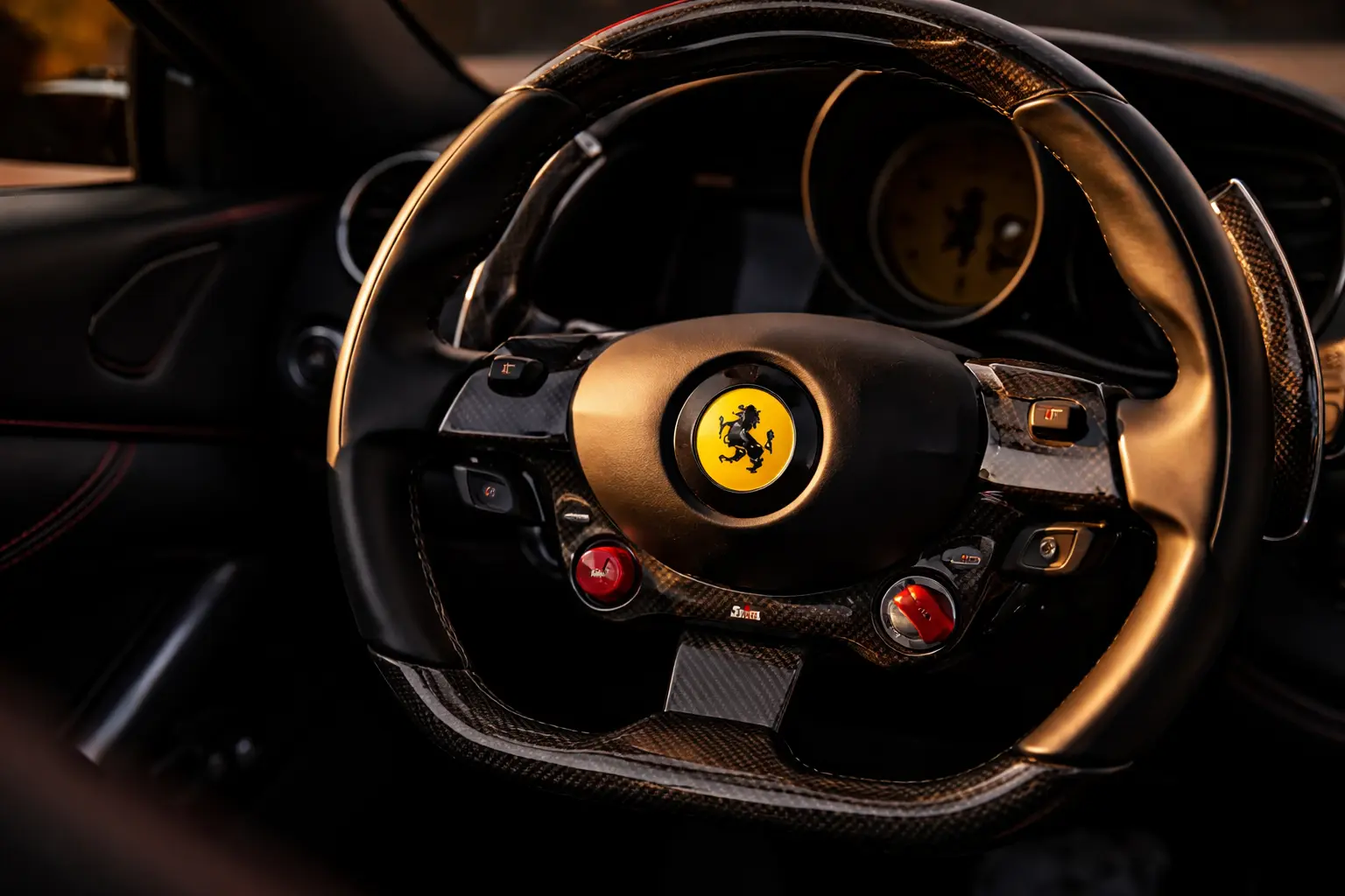 Ferrari Portofino Interior — Couples Car Ibiza Ferrari Portofino rental Ibiza — interior cockpit detail warm light