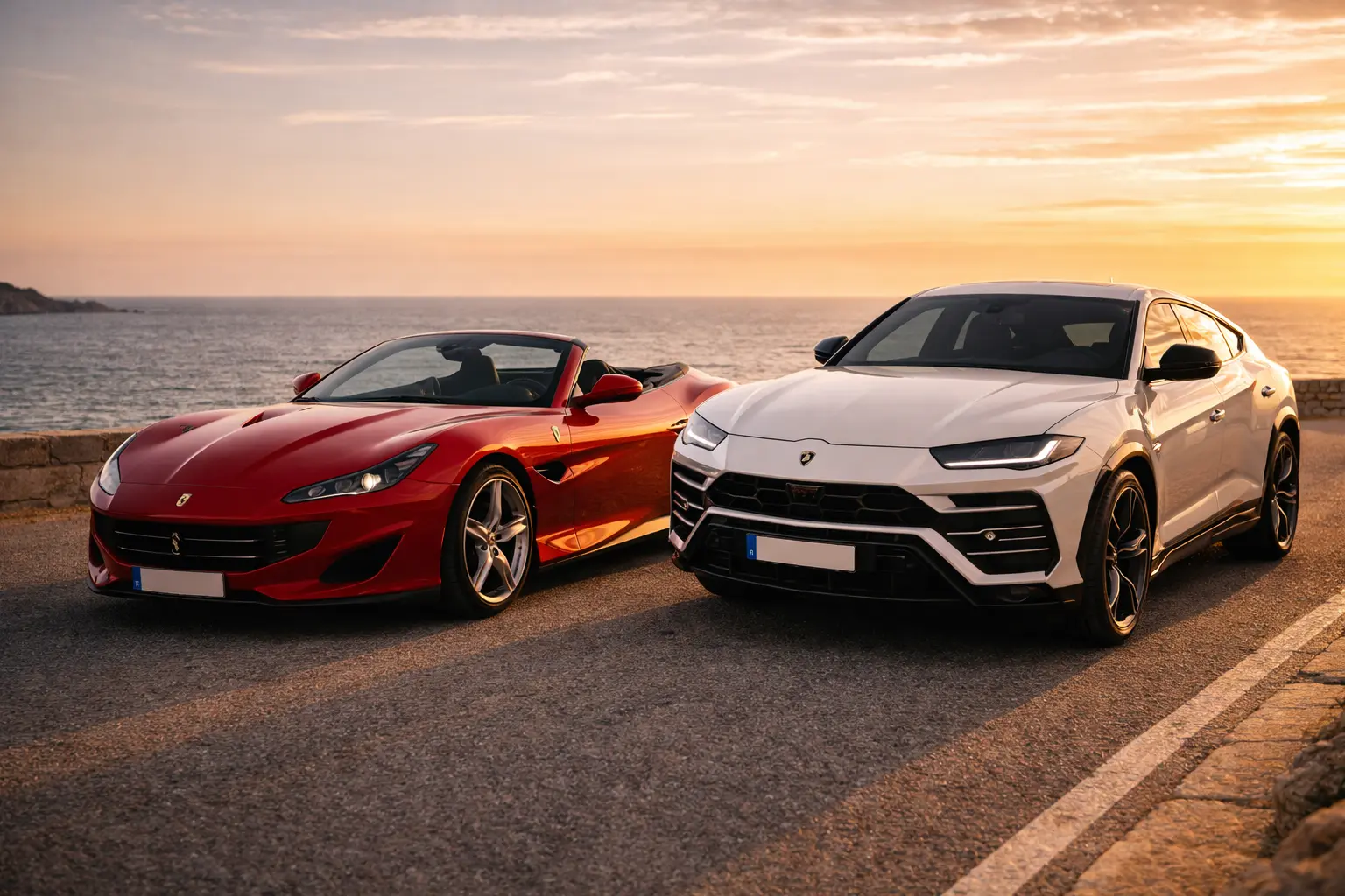 Ferrari vs Lamborghini Ibiza — Which Supercar to Rent Ferrari vs Lamborghini Ibiza — Ferrari Portofino and Lamborghini Urus on coastal road