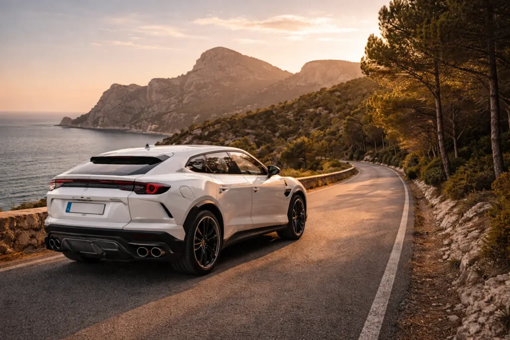 Luxury car rental Ibiza cost — Lamborghini Urus on coastal road at golden hour