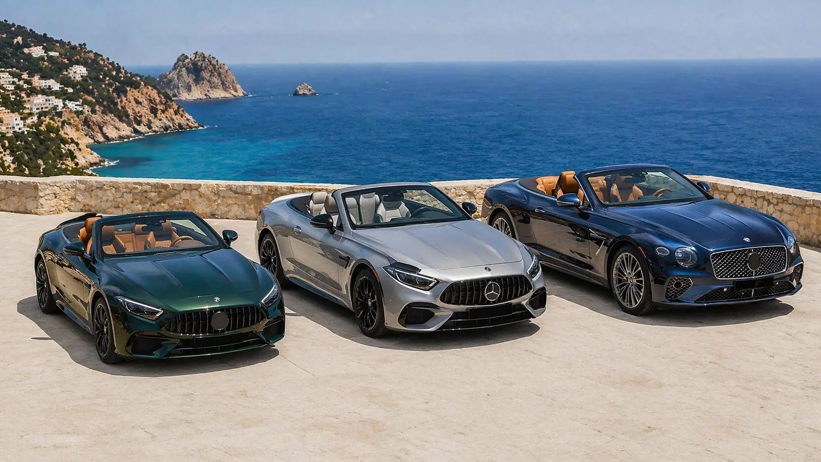 Alquiler coches descapotables Ibiza - panorámica de la flota de descapotables de lujo con vistas al mar Mediterráneo
