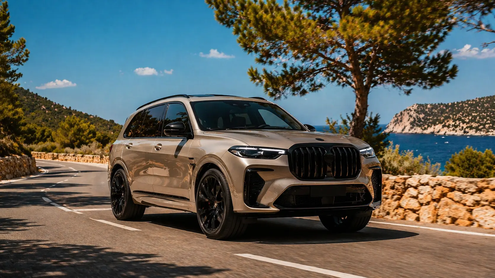 Luxury SUV rental Ibiza — large luxury 4x4 on Mediterranean coastal road
