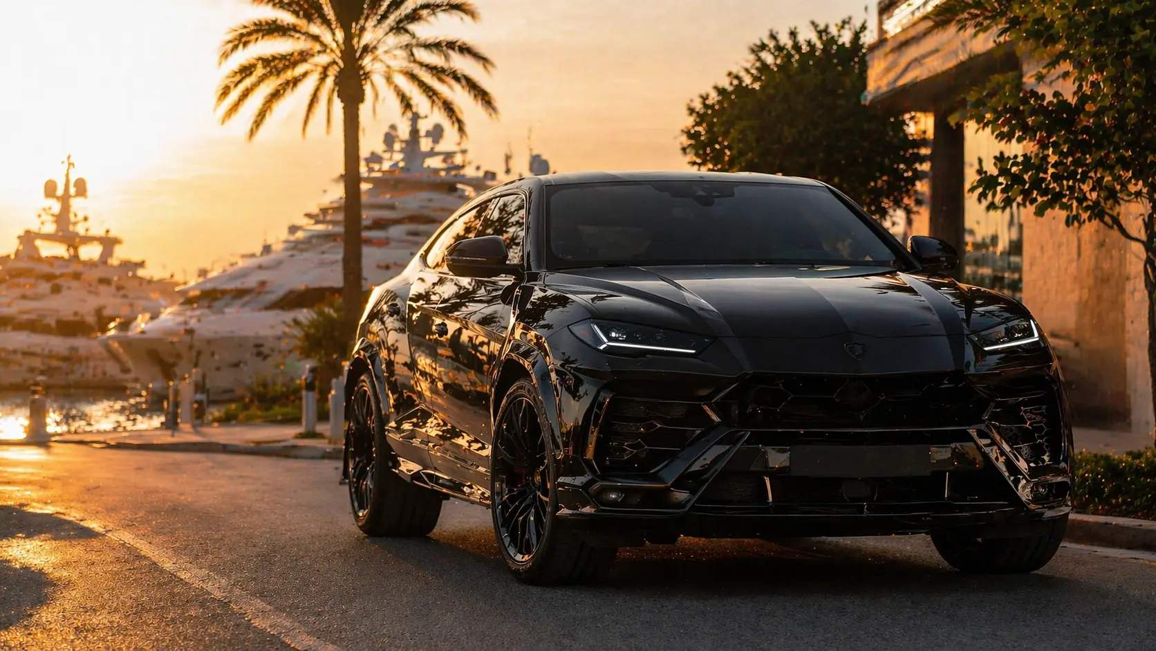 Lamborghini Urus rental Ibiza — super-SUV at luxury beach club marina