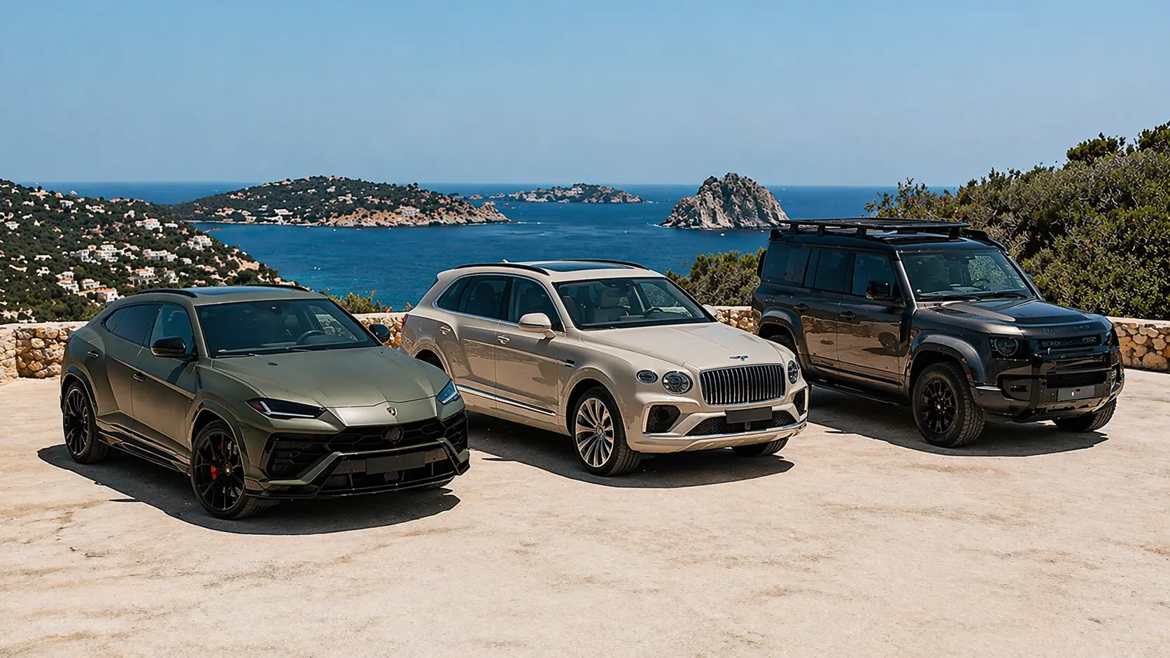 Luxury SUV hire Ibiza comparison — Range Rover Sport, Lamborghini Urus and Land Rover Defender side by side